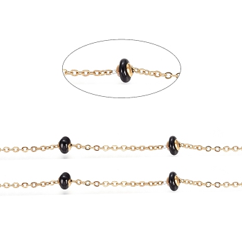 Stainless Steel Satellite Chains, with Enamel Beads and Spool, Soldered, Long-Lasting Plated, Flat Round, Golden, Black, 1.5x1.2x0.3mm, about 32.8 Feet(10m)/roll