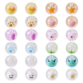 Pandahall 24Pcs 12 Styles Transparent Hand Painting Acrylic Beads, Hand Drawn Beads, Luminous, Round, Glow in Dark, Mixed Color, 15~16.5x14.5~15mm, Hole: 3mm, 2pcs/style