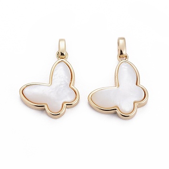 Natural White Shell Mother of Pearl Shell Pendants, with Brass Findings, Butterfly, Golden, 14x18x5mm, Hole: 2x3mm