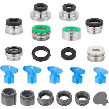 Unicraftale 10 Sets 10 Style Brass Faucet Adaptors, Water Filter Adapter, with Random Color Plastic Washers, Column, with ABS Plastic Brass Faucet Adaptors Sets and Plastic Wrench Tools, Platinum, 21.5~31.5x22~35x10~23mm, Hole: 3~18x3~18mm, 1 set/style