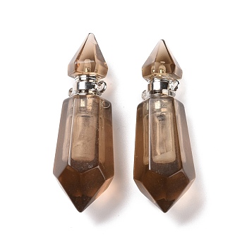 Faceted Glass Perfume Bottle Pendants, with Platinum Tone Brass Findings, Cadmium Free & Lead Free, Bottle, Saddle Brown, 42~44x13x13mm, Hole: 1.6mm