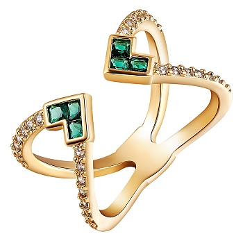 Criss Cross Clear Cubic Zirconia Cuff Ring, Real 18K Gold Plated Brass Open Ring for Women, Nickel Free, Green, US Size 6 1/4(16.7mm)