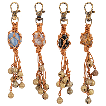 4Pcs Natural Mixed Gemstone Keychain, with Waxed Cotton Thread Cords, Brass Bell Pendants and Zinc Alloy Swivel Lobster Claw Clasps, 15cm, 4pcs/set