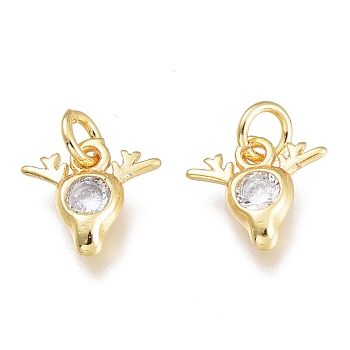 Brass Micro Pave Clear Cubic Zirconia Charms, with Jump Ring, Deer Head, Golden, 8.5x8.5x2.5mm, Hole: 1.5mm, Jump Rings: 3.5x0.8mm