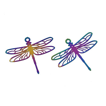 Ion Plating(IP) 201 Stainless Steel Filigree Pendants, Etched Metal Embellishments, Dragonfly, Rainbow Color, 29x34.5x0.2mm, Hole: 1.8mm