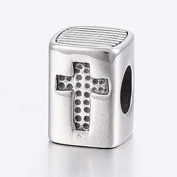 304 Stainless Steel European Beads, Bead Rhinestone Settings, Rectangle with Cross, Large Hole Beads, Antique Silver, Fit For 0.5mm Rhinestone, 11x8.5x8.5mm, Hole: 5mm