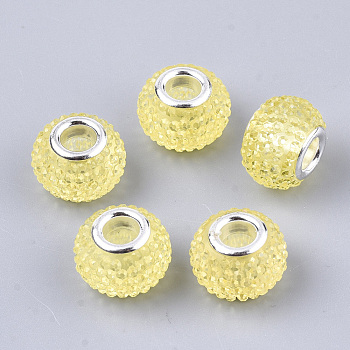 Resin Rhinestone European Beads, Large Hole Beads, with Platinum Tone Brass Double Cores, Rondelle, Berry Beads, Champagne Yellow, 14x10mm, Hole: 5mm