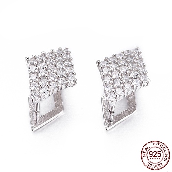 Rhodium Plated 925 Sterling Silver Pendant Bails, with Cubic Zirconia, with 925 Stamp, Ice Pick Pinch Bails, Rhombus, Clear, Platinum, 14x9.5x8mm, Pin: 1mm, Inseam Length: 11mm