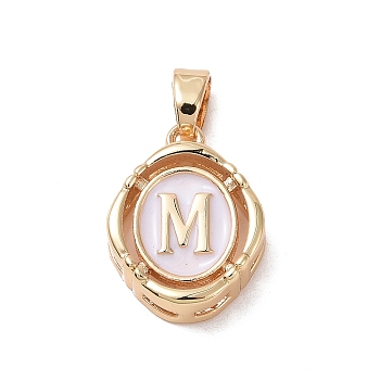 304 Stainless Steel Enamel Pendants, Oval with Letter, Golden, White, Letter.M, 15.5x11.5x4mm, Hole: 4.5x2.5mm