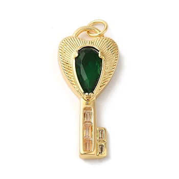 Rack Plating Brass Micro Pave Cubic Zirconia Pendants, with Glass Crystal, Long-Lasting Plated, Lead Free & Cadmium Free, with Jump Ring, Key, Dark Green, 28x12x5mm, Hole: 3mm