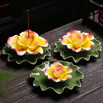 Porcelain Incense Burners, Rose Incense Holders, Home Office Teahouse Zen Buddhist Supplies, Yellow, 75x30mm