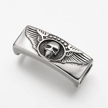 304 Stainless Steel Slide Charms, Rectangle with Skull, Antique Silver, 39x15x13mm, Hole: 7x12mm