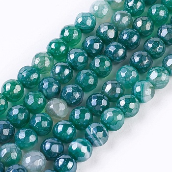 Natural Striped Agate/Banded Agate Beads Strands, Pearl Luster Plated, Faceted, Round, Green, 8mm, Hole: 1.2mm, about 48~49pcs/strand, 15.1 inch~15.5 inch(38.5~39.5cm)