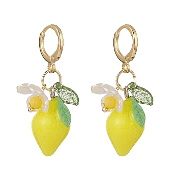 Lemon Resin with Leaf & Imitation Pearl Flower Dangle Leverback Earrings, Brass Jewelry for Women, Golden, 40.5mm, Pin: 0.7x0.8mm