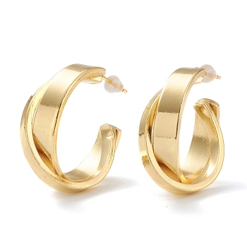 Brass Half Hoop Earrings, with Steel Pin and Plastic Ear Nuts, Long-Lasting Plated, Semicircular, Real 18K Gold Plated, 26x24.5x9.5mm, Pin: 0.8mm