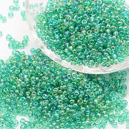 6/0 Round Glass Seed Beads, Grade A, Transparent Colours Rainbow, Medium Spring Green, 3.6~4.0mm, Hole: 1.2mm, about 5000pcs/pound(SEED-J011-F6-178)