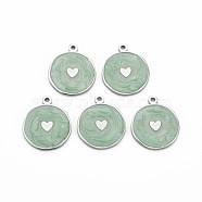 304 Stainless Steel Enamel Pendants, Stainless Steel Color, Flat Round with Heart, Dark Sea Green, 17.5x15x1mm, Hole: 1.2mm(STAS-S117-028)