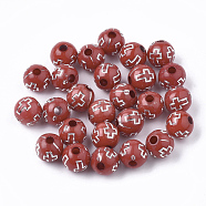 Plating Acrylic Beads, Silver Metal Enlaced, Round with Cross, Red, 8mm, Hole: 2mm, about 1800pcs/500g(PACR-Q113-10B)