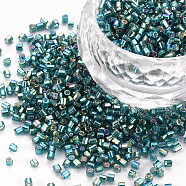 Glass Bugle Beads, Silver Lined Colours Rainbow, Teal, 2.5~3x2mm, Hole: 0.9mm, about 15000pcs/pound(SEED-S032-09A-645)