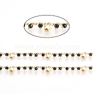 Handmade Brass Chains, with Faceted Glass Beads, Curb Chains and Star Beads, Long-Lasting Plated, Soldered, with Spool, Golden, Black, 2.5x1.5x0.5mm, about 32.8 Feet(10m)/roll(CHC-G011-02G-03)