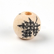 Schima Wood Beads, Round with Maple Leaf Plaid Patten, Black, 15~16mm, Hole: 4mm(WOOD-TAC0007-45D)