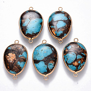 Assembled Bronzite and Synthetic Aqua Terra Jasper Links connectors, with Golden Plated Brass Settings and Iron Loops, Teardrop, Deep Sky Blue, 40.5~41x23~24x6~7mm, Hole: 2mm(G-R457-10)