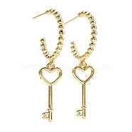 C-Shape with Skeleton Key Dangle Stud Earrings, Brass Long Drop Half Hoop Earrings for Women, Lead Free & Cadmium Free, Real 18K Gold Plated, 41x19mm, Pin: 0.6mm(EJEW-E167-03G)