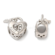 Rack Plating Alloy European Beads, with Rhinestone, Large Hole Beads, Heart Padlock with Word Best Friend & Key, Platinum, 14x11.5x7.5mm, Hole: 5mm(PALLOY-A009-28P)