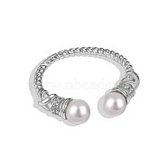 Round Shell Pearl Cuff Ring, Rhodium Plated 925 Sterling Silver Open Ring for Women, Platinum, Adjustable(RJEW-Q813-05P)