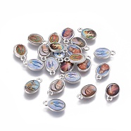 Glass Charms, with Brass Findings, Oval with Saint, Platinum, 12x7.5x2mm, Hole: 1.4mm(X-KK-F789-37P)