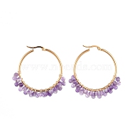 Beaded Hoop Earrings, with Natural Amethyst Beads, Golden Plated 304 Stainless Steel Hoop Earrings and Cardboard Packing Box, 48x39mm, Pin: 1x0.7mm(EJEW-JE03953-03)