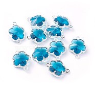 Glass Links connectors, with Eco-Friendly Alloy Open Back Berzel Findings, Flower, Silver Color Plated, Steel Blue, 15.5x12x5mm, Hole: 1.4mm(X-GLAA-A037-A-03S)