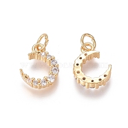 Brass Micro Pave Clear Cubic Zirconia Charms, with Jump Rings, Moon, Golden, 12.5x9x3mm, Jump Ring: 5x0.7mm, Inner Diameter: 3.6mm(X-ZIRC-I036-02G)