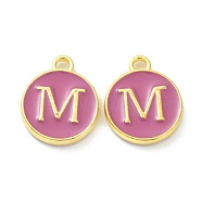 Golden Plated Alloy Enamel Charms, Cadmium Free & Lead Free, Enamelled Sequins, Flamingo, Flat Round with Letter, Letter.M, 14x12x2mm, Hole: 1.4mm(ENAM-XCP0001-13M)