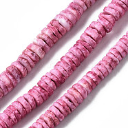 Natural Sea Shell Beads Strands, Dyed, Flat Round/Disc, Heishi Beads, Flamingo, 5~7x1.5~2.5mm, Hole: 0.9mm, about 329~348pcs/strand, 22.32 inch~22.83 inch(56.7~58cm)(SSHEL-N032-22C)