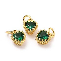 Brass Micro Pave Mixed Color Cubic Zirconia Pendants, Real 18K Gold Plated, Long-Lasting Plated, Heart, Green, 9.3x7.4x5.5mm, Hole: 3mm(ZIRC-D120-02G-02)