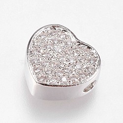 Brass Micro Pave Cubic Zirconia Beads, Heart, Clear, Platinum, 9x9.5x4mm, Hole: 1.2mm(KK-I614-055P)