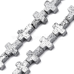 Electroplated Natural Lava Rock Beads Strands, Cross, Platinum Plated, 10x8x4~4.5mm, Hole: 0.8~1mm, about 38pcs/strand, 31.10''(79cm)(G-A256-A01-01D)