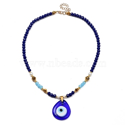teardrop, with Evil Eye Lampwork Pendant Necklaces, with Glass Beads, Glass Pearl Beads, Brass Beads and Zinc Alloy Lobster Claw Clasps, Golden, 17.72 inch(45cm)(NJEW-JN02938)