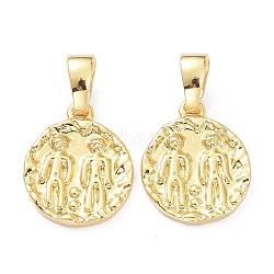 Brass Pendants, Twelve Constellations Series, Flat Round, Golden, Gemini, 17x14.5x2.5mm, Hole: 4x6mm(KK-K254-01A)