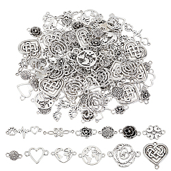 Elite 120Pcs 12 Styles Tibetan Style Alloy Connector Charms, Cadmium Free & Lead Free, Map & Heart & Flower, Mixed Shapes, Antique Silver, 12~39x9.5~23x1~5mm, Hole: 1.5~2mm, 10pcs/style(TIBE-PH0001-45)