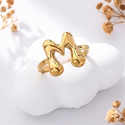 304 Stainless Steel Open Cuff Rings for Women, Letter, Real 18K Gold Plated, Letter M, 13~14x7~15mm(RJEW-M060-01G-13)