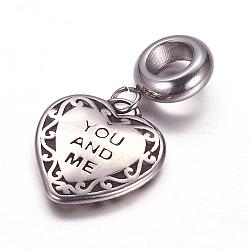 304 Stainless Steel European Dangle Charms, Large Hole Pendants, Heart with YOU AND ME, Antique Silver, 27mm, Hole: 5mm, Pendant: 15x14x2.5mm(OPDL-G005-05AS)