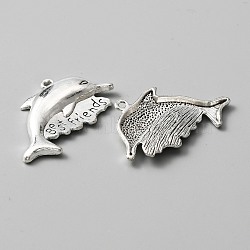 Tibetan Style Alloy Pendants, Dolphin with Word Best Frineds Charms, Antique Silver, 25x35x4mm, Hole: 1.9mm(FIND-CJC0007-55)