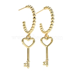 C-Shape with Skeleton Key Dangle Stud Earrings, Brass Long Drop Half Hoop Earrings for Women, Lead Free & Cadmium Free, Real 18K Gold Plated, 41x19mm, Pin: 0.6mm(EJEW-E167-03G)