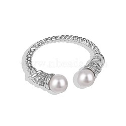 Anti-Tarnish Round Shell Pearl Cuff Ring, Rhodium Plated 925 Sterling Silver Open Ring for Women, Platinum, Adjustable(RJEW-Q813-05P)