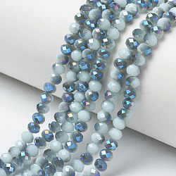 Electroplate Opaque Solid Color Glass Beads Strands, Half Plated, Blue Plated, Faceted, Rondelle, Light Blue, 4x3mm, Hole: 0.4mm, about 123~127pcs/strand, 16.5~16.9 inch(42~43cm)(EGLA-A034-P4mm-I05)