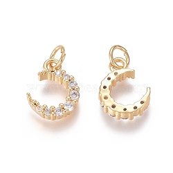 Brass Micro Pave Clear Cubic Zirconia Charms, with Jump Rings, Moon, Golden, 12.5x9x3mm, Jump Ring: 5x0.7mm, Inner Diameter: 3.6mm(X-ZIRC-I036-02G)