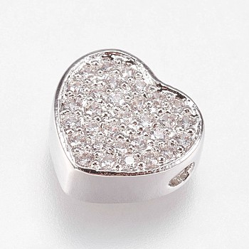 Brass Micro Pave Cubic Zirconia Beads, Heart, Clear, Platinum, 9x9.5x4mm, Hole: 1.2mm