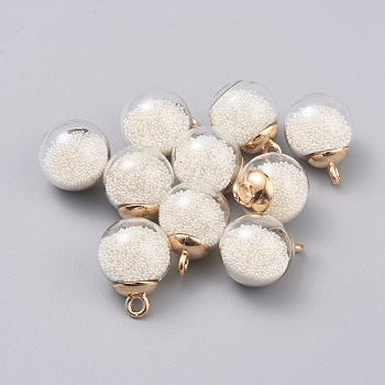 Transparent Glass Globe Pendants, with Glass Micro Beads inside & CCB Plastic Pendant Bails, Round, Light Gold, White, 21.5x16mm, Hole: 2.5mm